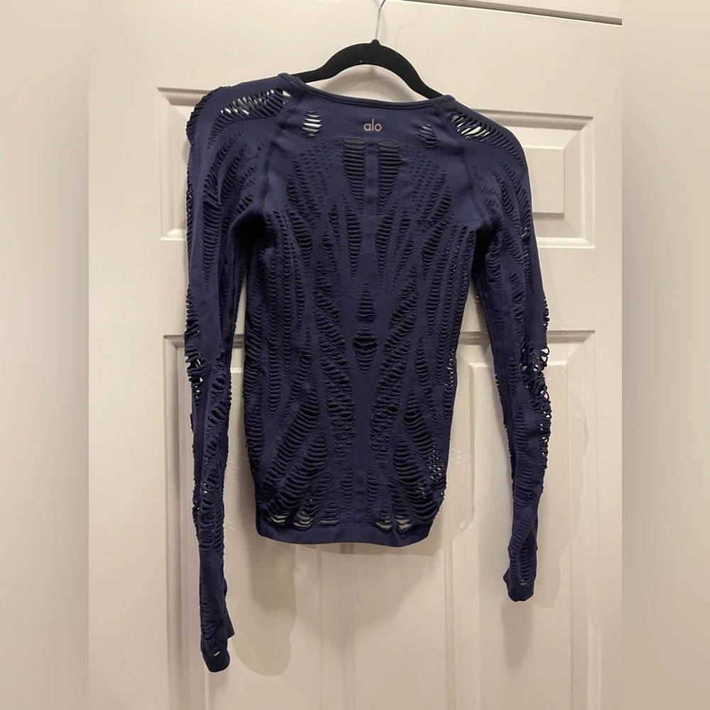 ALO Yoga Navy Blue Long Sleeve Laser-Cut Top